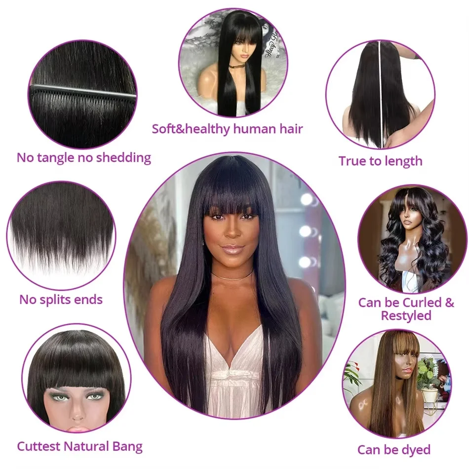 Bone Straight Human Hair wig With Bangs For Women 3x1 hd lace wigs 30 inch glueless wigs human hair Black Full Machine Made wigs image 4