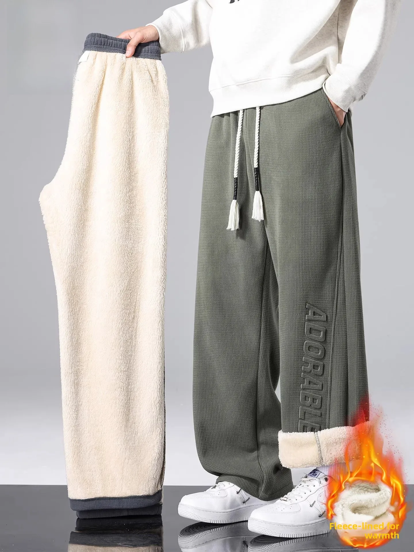 

Men's Winter Thiened Fce Lined Casual Loose Sports Leisure Long Pants Warm Breathable Polyester Fiber Straight Leg Trousers