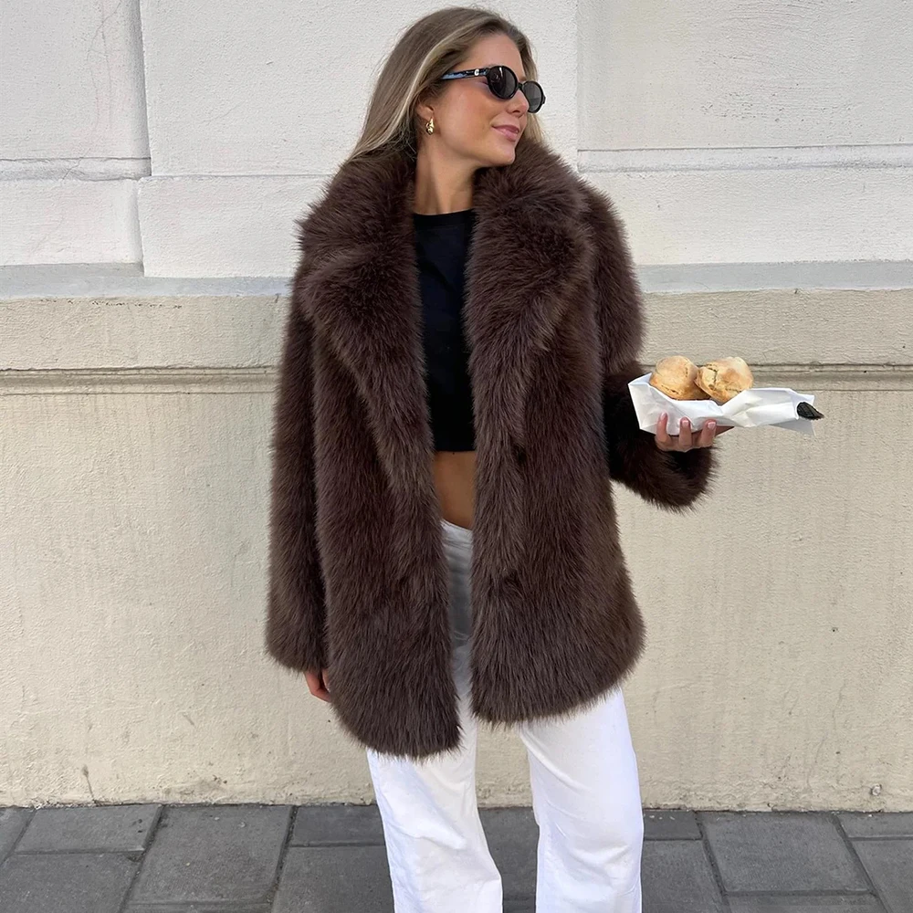 투울라로즈 여성 우아한 인조 모피 코트 따뜻하고 푹신한 루즈핏 긴 소매 라펠 재킷 가을 겨울 패션 하이 스트리트 여성 아우터웨어