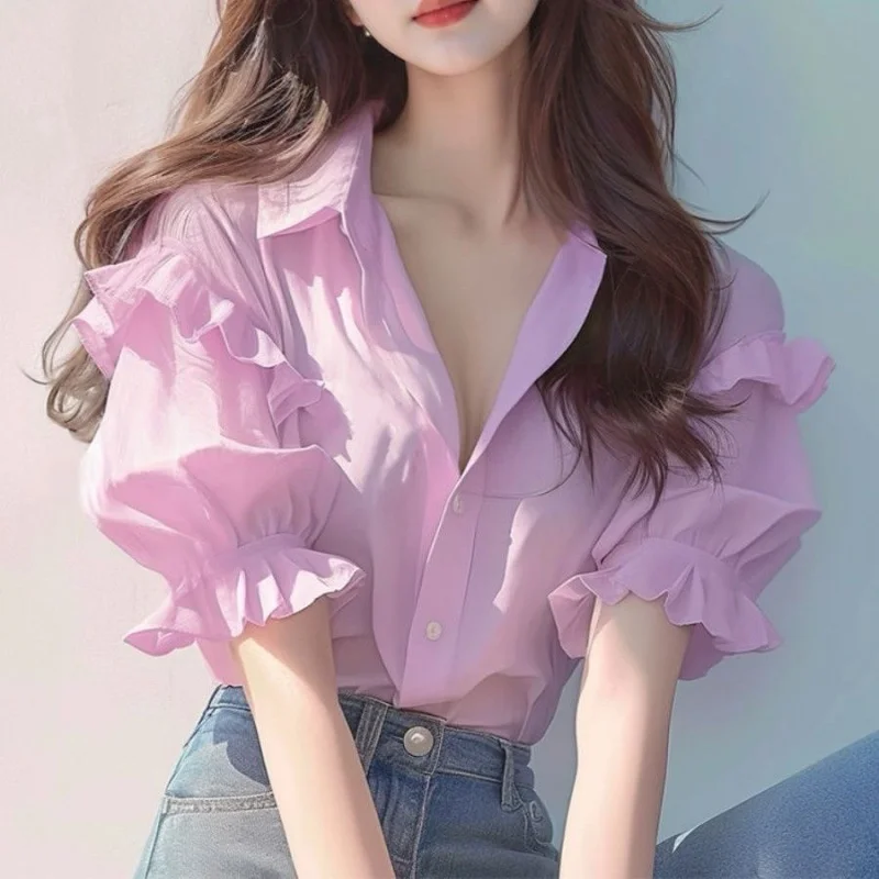 

Chic Sweet Puff-Sleeved Women's Blouse Casual Collared Short-Sleeved Shirt 2024 Versatile Stylish Summer Ruffled Elegant Blouse