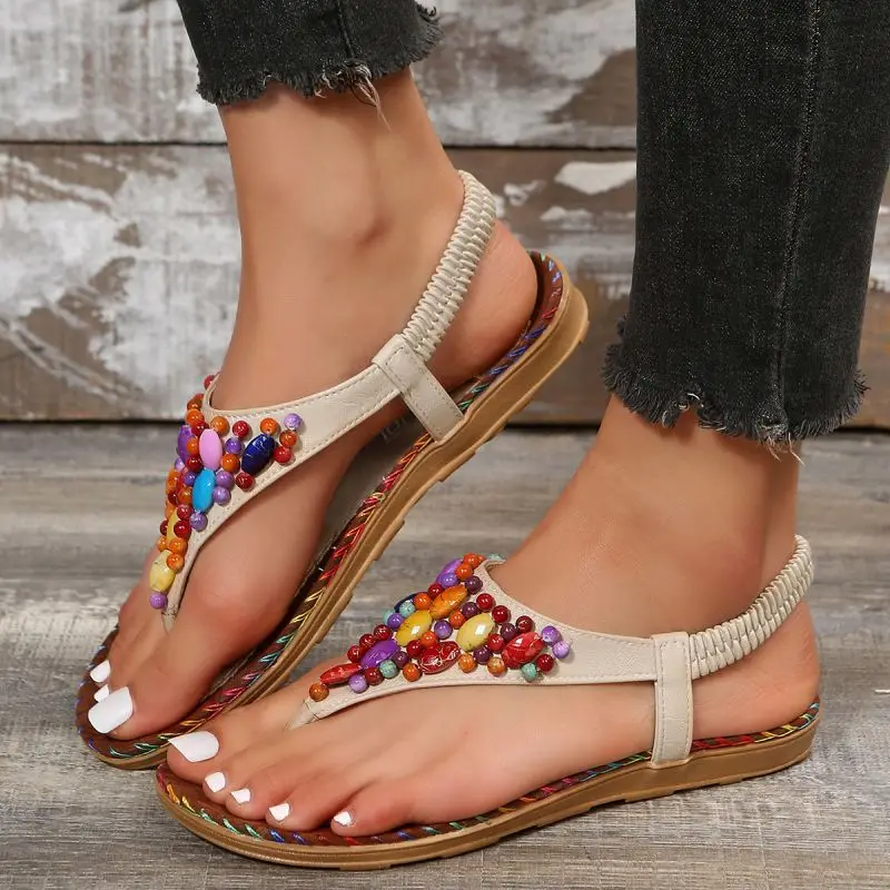 Colorful Beaded Bohemia Sandals Women Summer 2023 Beach Fashion Flat Heels Clip Toe Sandalias Mujer Soft Bottom Rome Shoes Woman