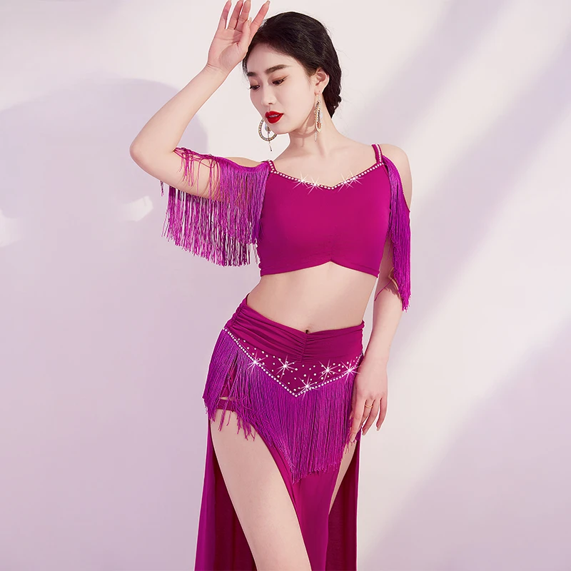 Traje de práctica de danza del vientre elegante para mujer, Top elástico de manga corta + Falda corta Irregular, ropa de actuación de danza Oriental, 2 uds.