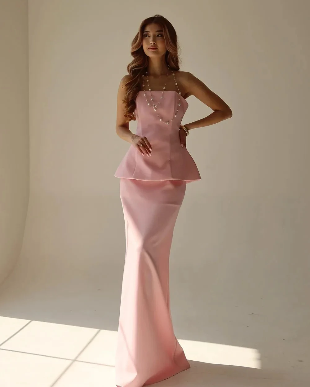 

Elegant Pink Mermaid Evening Dress Simple Strapless Floor-Length Satin Prom Formal Party Gowns Gala Robe De Soriee