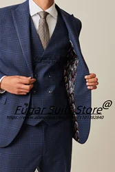 British Style Navy Blue Plaid Business Men Suits Slim Peak Lapel Groom Tuxedos 3 Pcs Sets Office Work Male Blazers Ropa Hombre