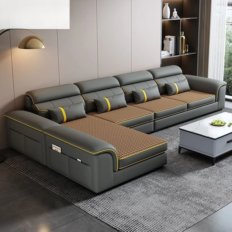 Sofa aus Rattanstoff, einfaches und modernes Winter- und Sommermatten-Licht-Luxussofa, gerade Reihe aus Stoffleder zum Kratzen von Katzen