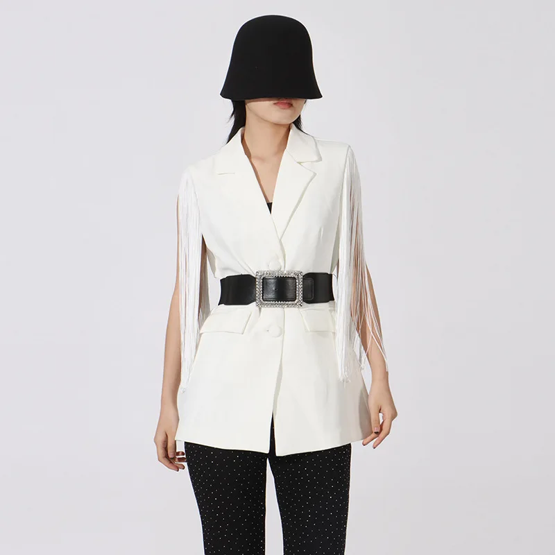 

Women Blazer Spring New Sleeveless Single Breasted Tassel Ladies Chic Blazer Coat Belt Women's Slim Suit Jacket