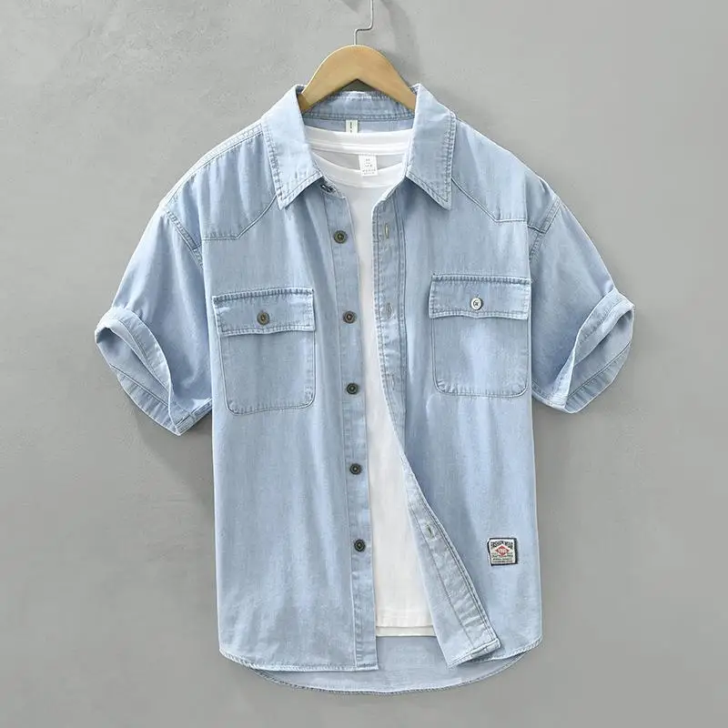 

Men's Workwear Denim Shirt Short Sleeve Pocket Detail Iron-Free Treatment Daily Wear Resistant Stretch Pure Color