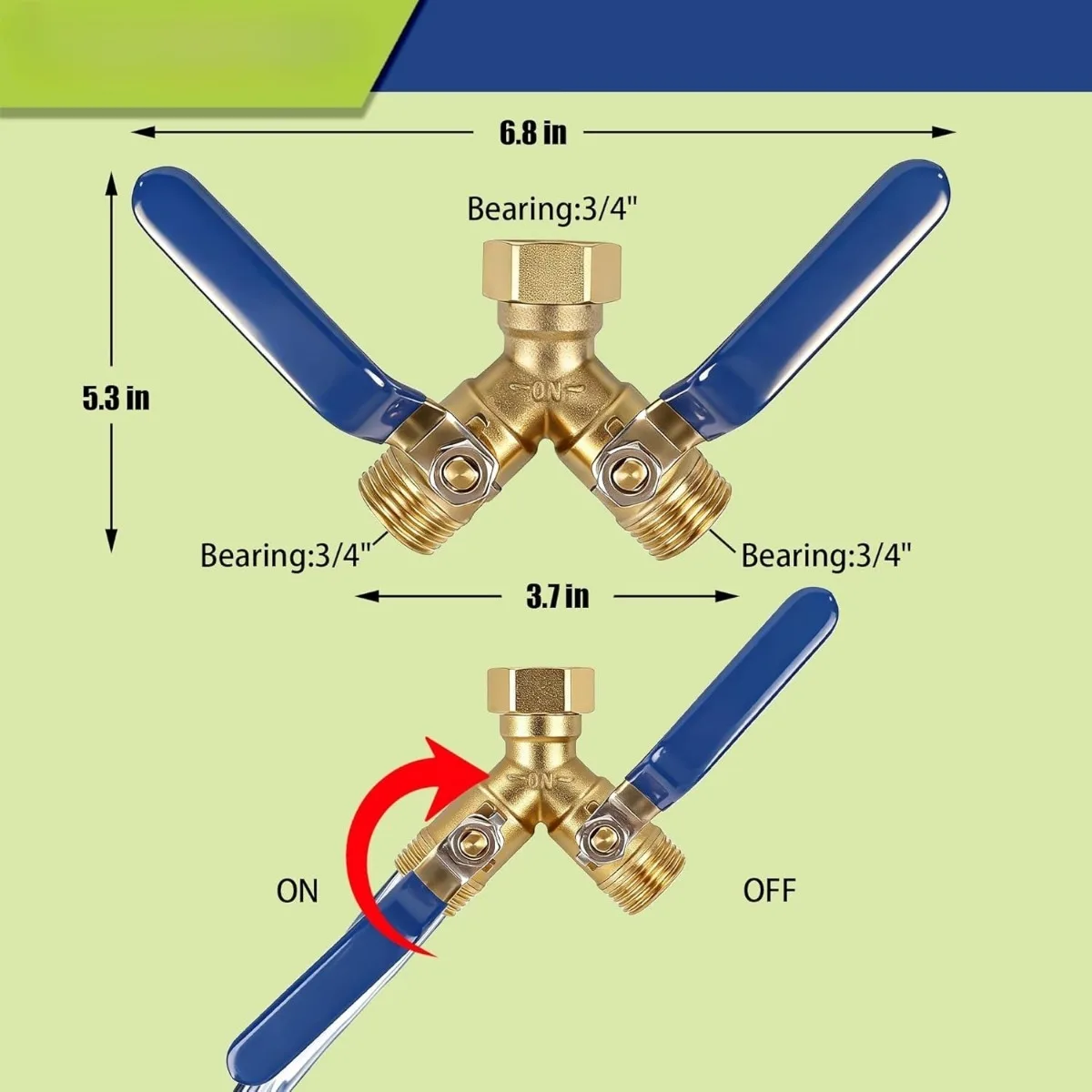 Solid Brass Y Connector with 3.6-Inch Ergonomic Handles, Full Flow 3/4