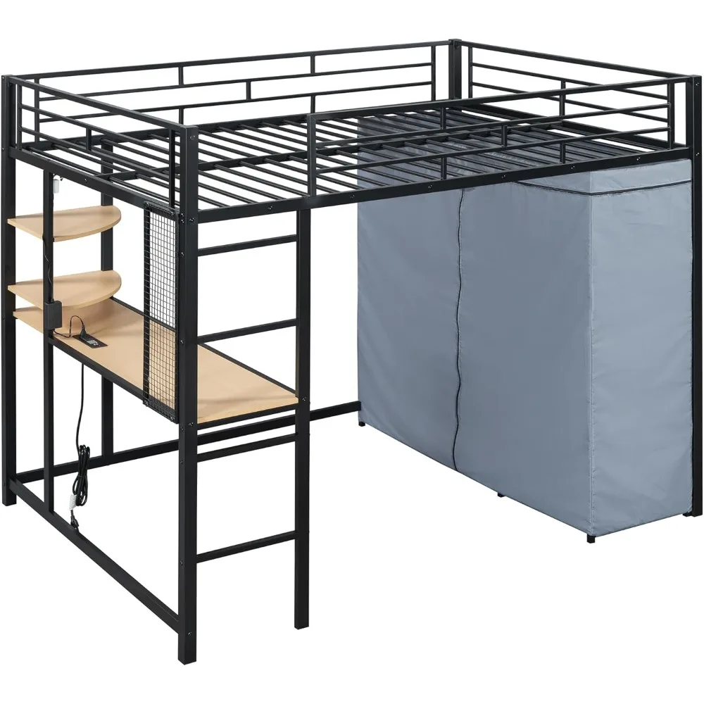 سرير علوي بالحجم الكامل مع مكتب، وأضواء LED، ومحطة شحن، وإطار سرير علوي معدني كامل مع خزانة ملابس وتخزين