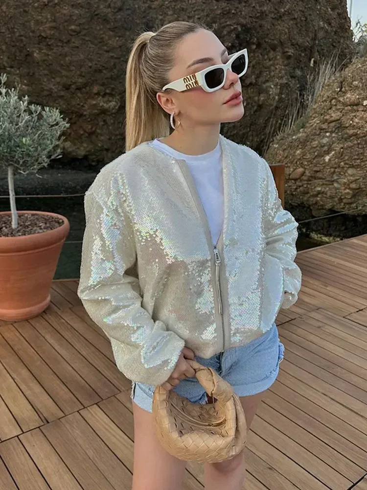 Women Shiny Sequined Bomber Jacket O Neck Long Sleeve Pocket Zipper Cropped Jacket Coat 2024 Autumn Lady High Street Outerwear