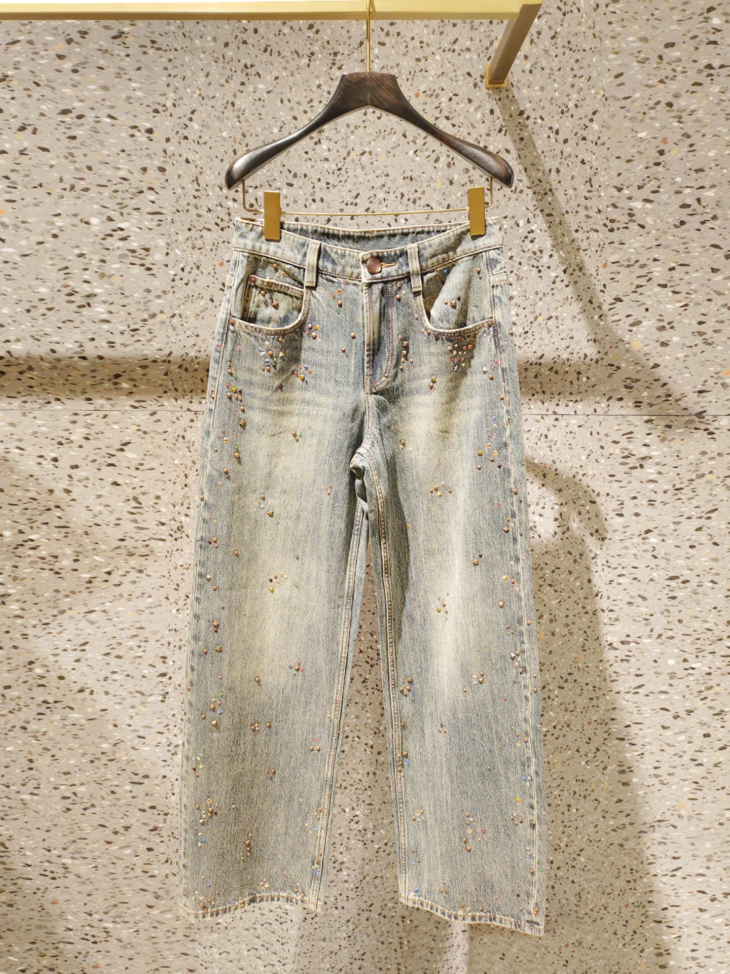 ارتفاع الخصر واسعة الساق الدينيم الجينز المرأة الخريف الشتاء تصميم الإحساس الحديد الماس المياه Waed خمر Sle جينز غير رسمي #1