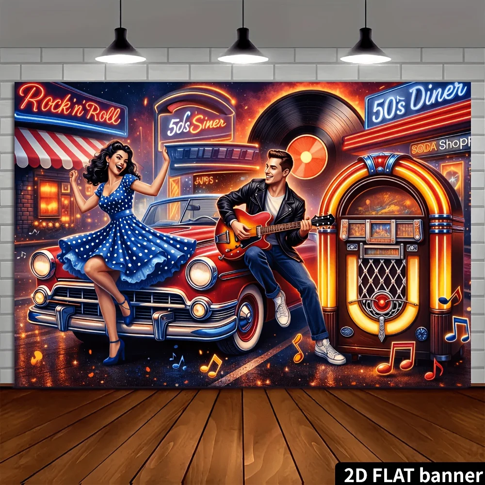 1950s Rock n Roll Diner Jukebox Classic Car Couple Tapestry 2D Flat Printing Wall Hanging Backdrop for Living Room Bar Decor