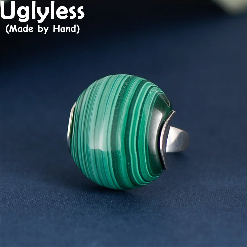 

Uglyless Face Jelly Agate Natural Malachite Rings Women Unusual Big Button Gemstones Rings 925 Silver Irregular Geometric Jewel