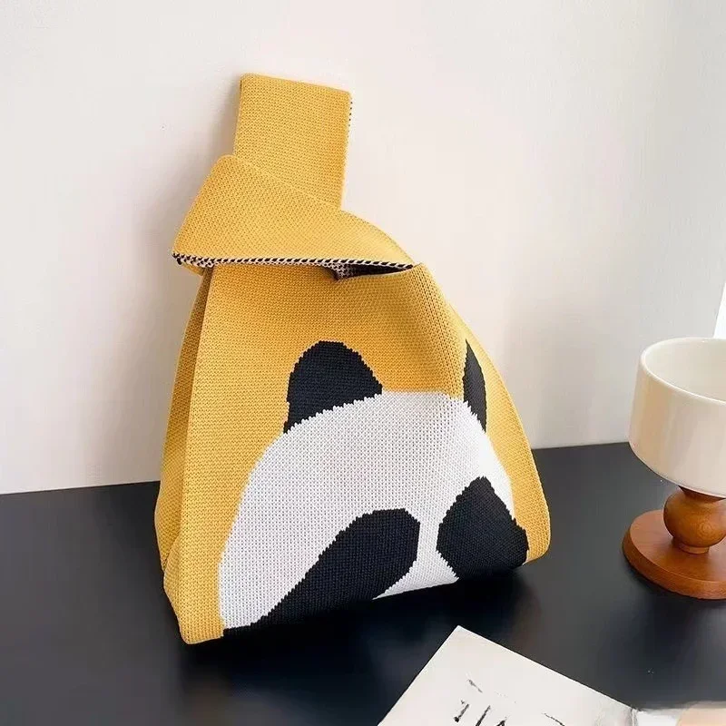 

Panda hand woven handbag women's mini knot wrist bag casual multi-color student reusable shopping bag lunch bag