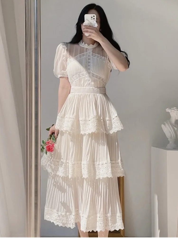 New Fashion Vintage Woman Summer Dress Ladies Puff Short Sleeve O-Neck Beige Elegant Party Dresses Female Lace Long Dress S-XXL