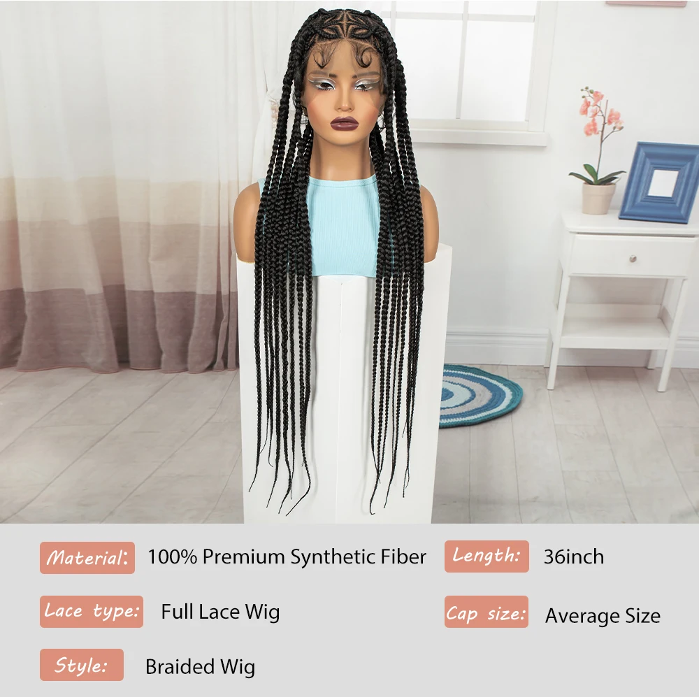 36in Full Lace Cornrow Braided Wigs Synthetic Natural Braiding Hair Wigs Box Braided Lace Wigs with Baby Hair for Black Women