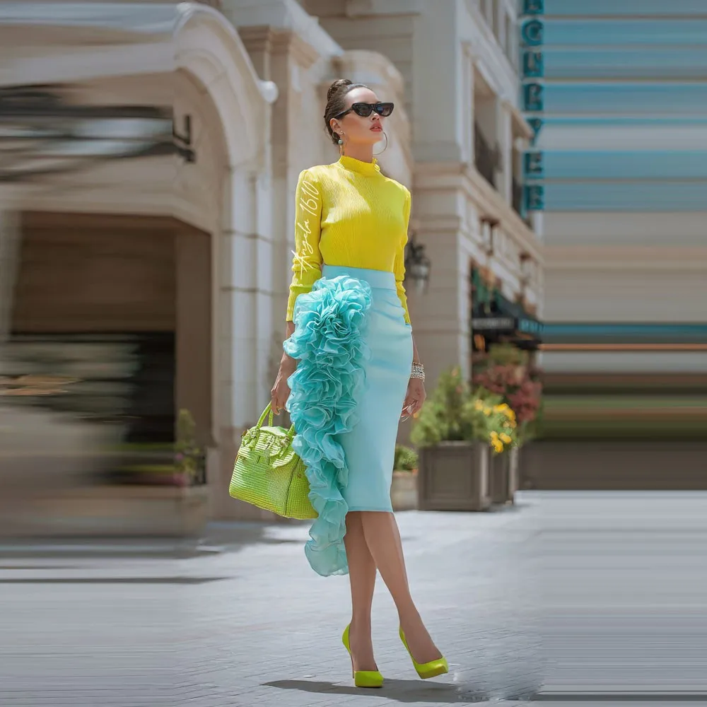 

Mint Green Asymmetrical Mermaid Women Skirts With Ruffles Details Office Lady Evening Skirt Sexy Girls Satin Skirt To Party
