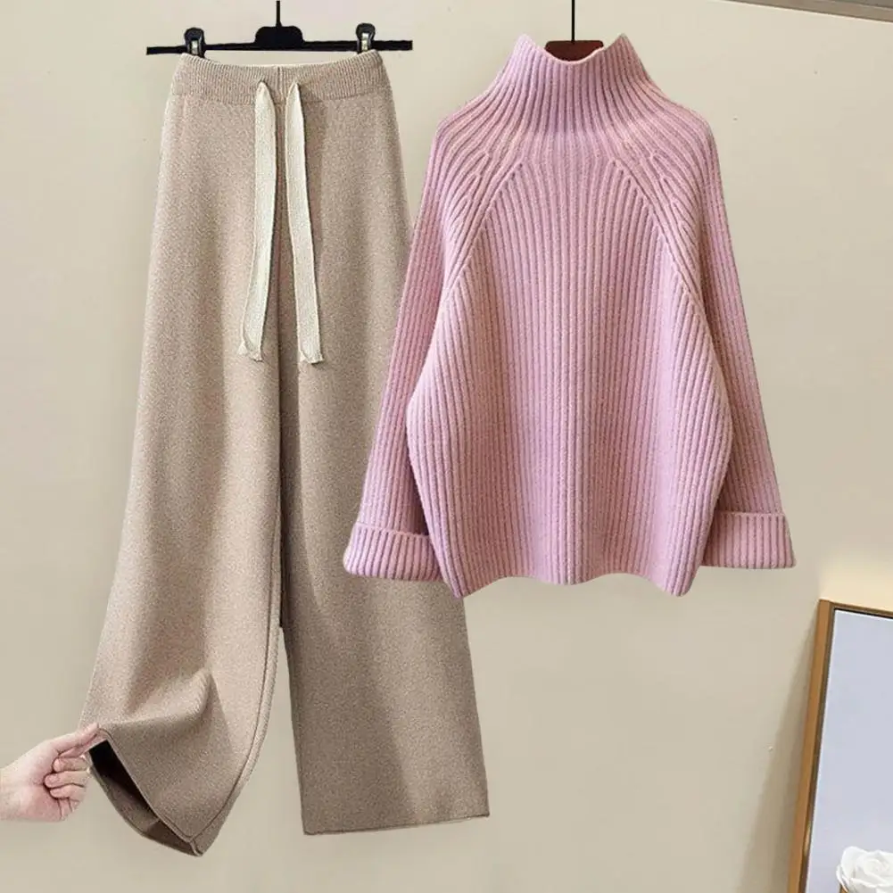 Turtleneck Sweater Drawstring Pants Women Knitted Set Casual Winter Autumn Knitted Outerwear Straight Pants Outerwear Tracksuit