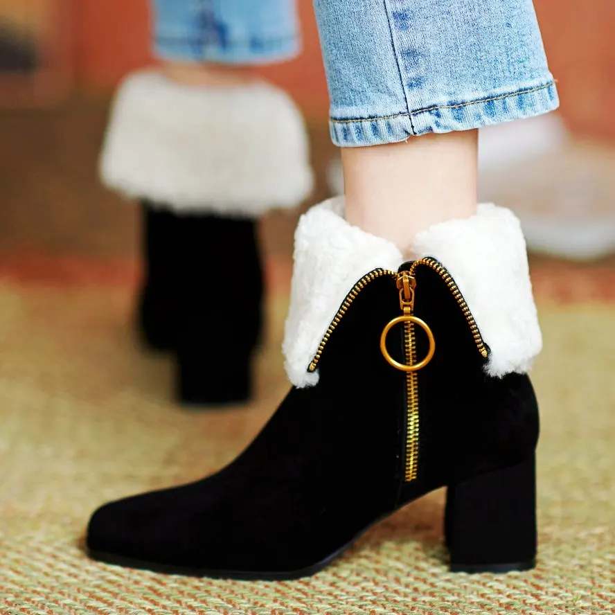 

Snow Boots Women's Cow Suede Leather Ankle Boots Wool Fur Square Toe Cuban Zipper Western ChelseaParty Pumps Mid Heel