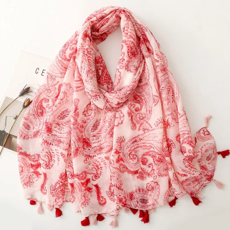 

Bohemian Style Paisley Women Viscose Scarf Big Size 88*180cm Cotton Linen Feeling Soft Shawl Tassel Hijab Wrap Summer Soft Beach