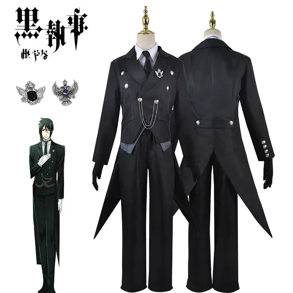 

Black Butler Cosplay Japanese Anime Kuroshitsuji Sebastian Michaelis Cosplay Costume Unisex Uniforms 8 piece with Tattoo Sticker