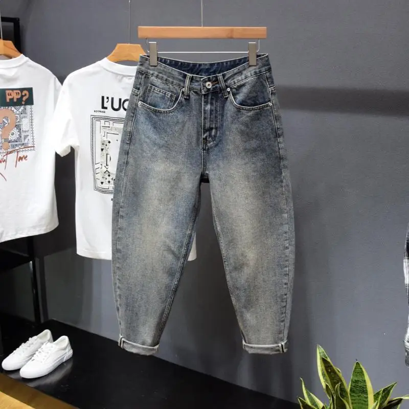 Korean Popular Clothes Slightly Fat Men's Pants High-end Harlan Radish Casual Jeans Tapered Thick Legs Vintage Washed Trousers
