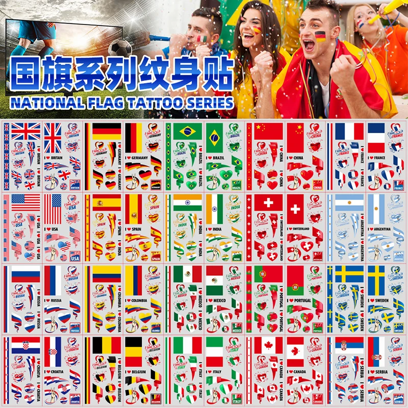 2PCS National Flag Tattoo Stickers world football Top 32 National Flag Marathon Games Fans Party Temporary Stickers