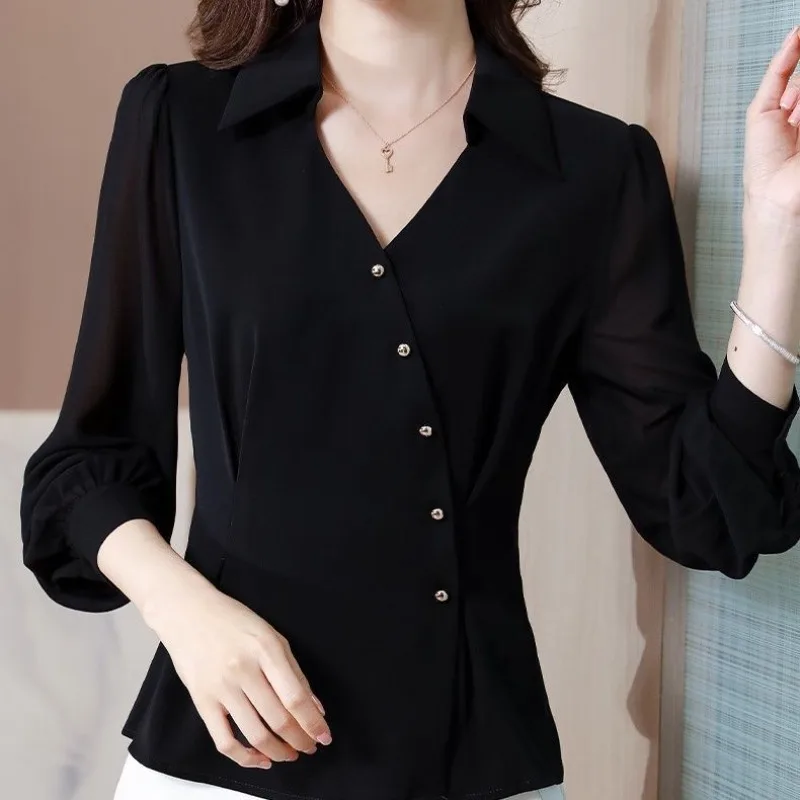 Women's Spring Autumn Fashion Elegant Solid Color Pullover POLO Collar Button Casual Versatile Long Sleeve Slim Fit Shirt Tops