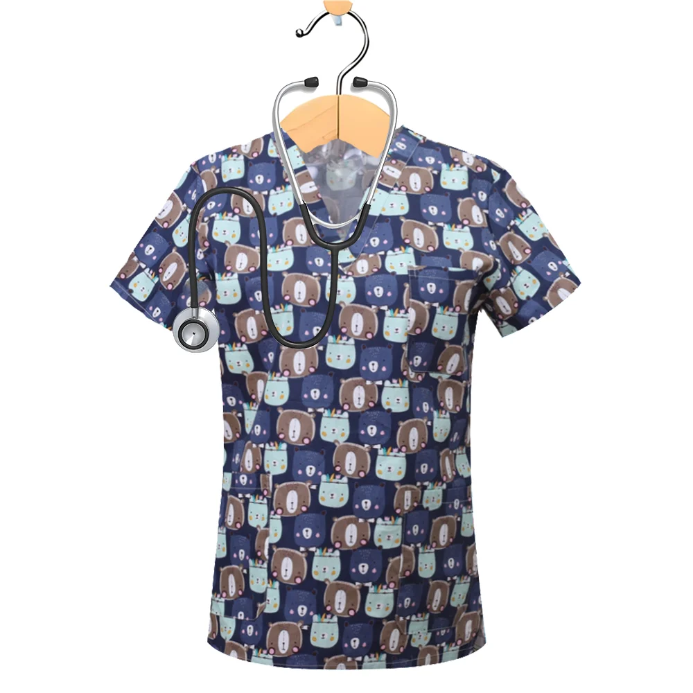 

Women Scrub Working Uniform Tops Cute Bear Printed V-Neck Animal With Pockets Dentist vet Nurse Surgical Uniforms Nursing