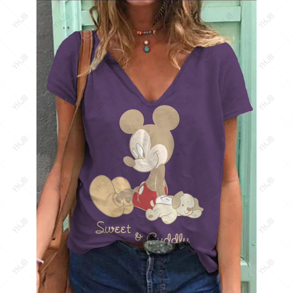 المرأة تي شيرت ديزني ميكي ماوس طباعة الصيف فتاة Kawaii المرأة تي شيرت كبير الخامس الرقبة تي شيرت كامل موضة الكرتون الخامس الرقبة