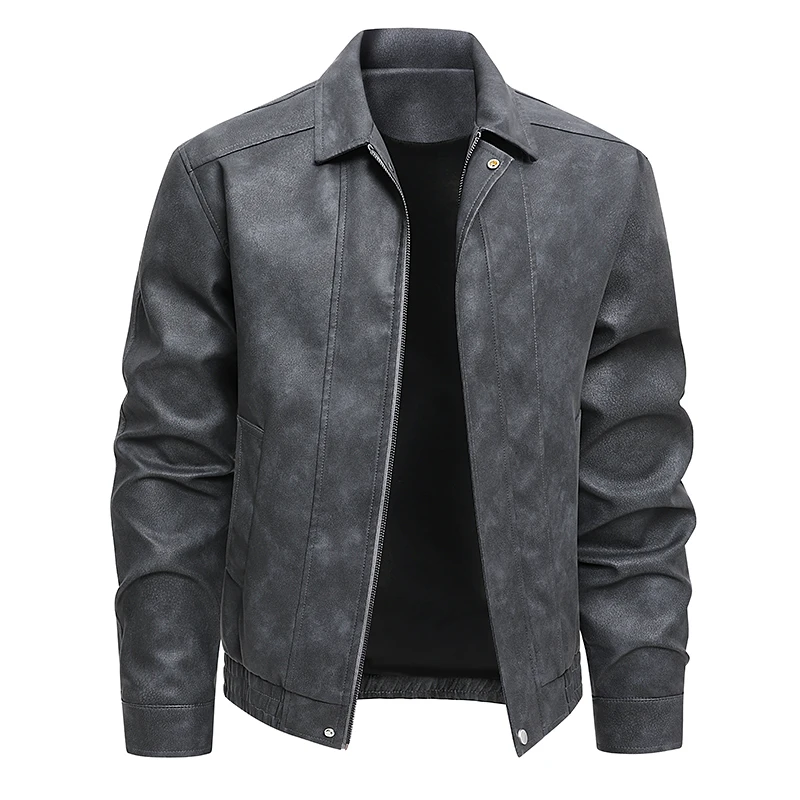 Autumn Mens Dark Grey Jacket Coat Men Pu Leather Motorcycle Jacket Men Solid Color Zipper Streetwear Coats Biker Jacket Men