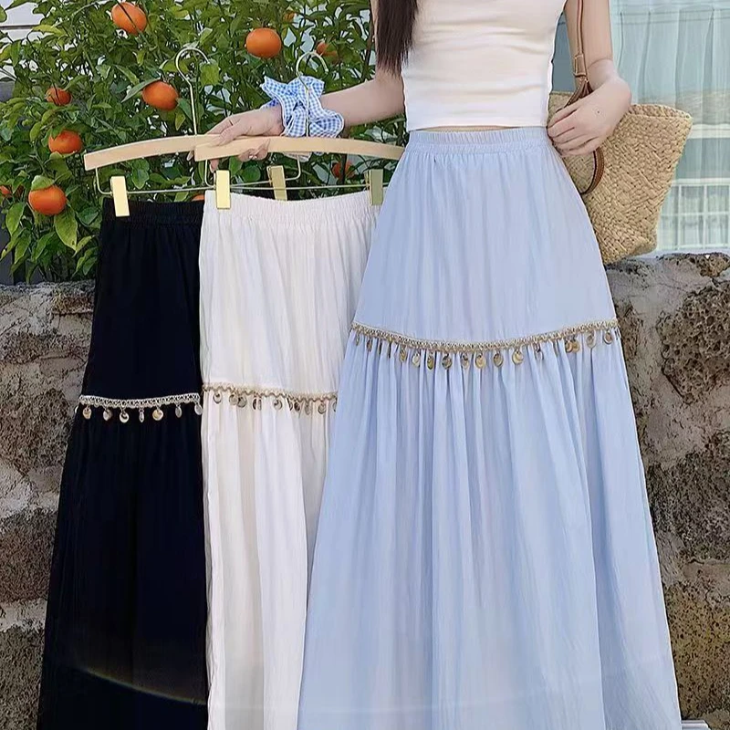 

Новая женская юбка миди в богемном стиле с пайетками, летняя коллекция 2026, синяя, элегантная, А-силуэт, с высокой талией, с дизайнерскими вставками