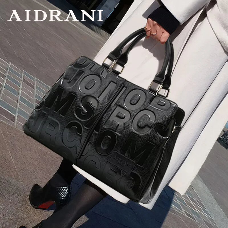 Aidrani letter printed genuine leather women's handbag with large capacity black cowhide single shoulder crossbody bag