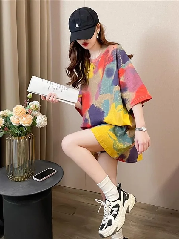 Loose Large Size Women's T-shirt Summer 2025 New Style Butt Covering Lazy Fashion Dyed Polyester Fiber Sweat Absorbent Short ...