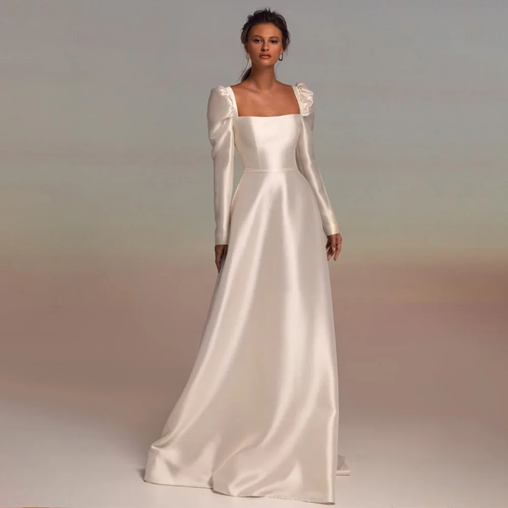 

A Line Wedding Dress Long Simple Long Sleeves White Satin Wedding Gown for Women 2023 Bride Square Collar Backless Bridal Dress