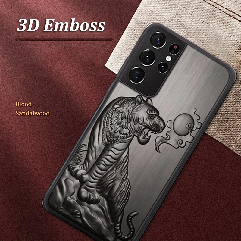 Sandalwood Case for Samsung Galaxy S24 S23 S22 S21 S20 Ultra Plus Note A53 Cases 3D Relief Embosse Wolf Tiger Fish Wood Cover