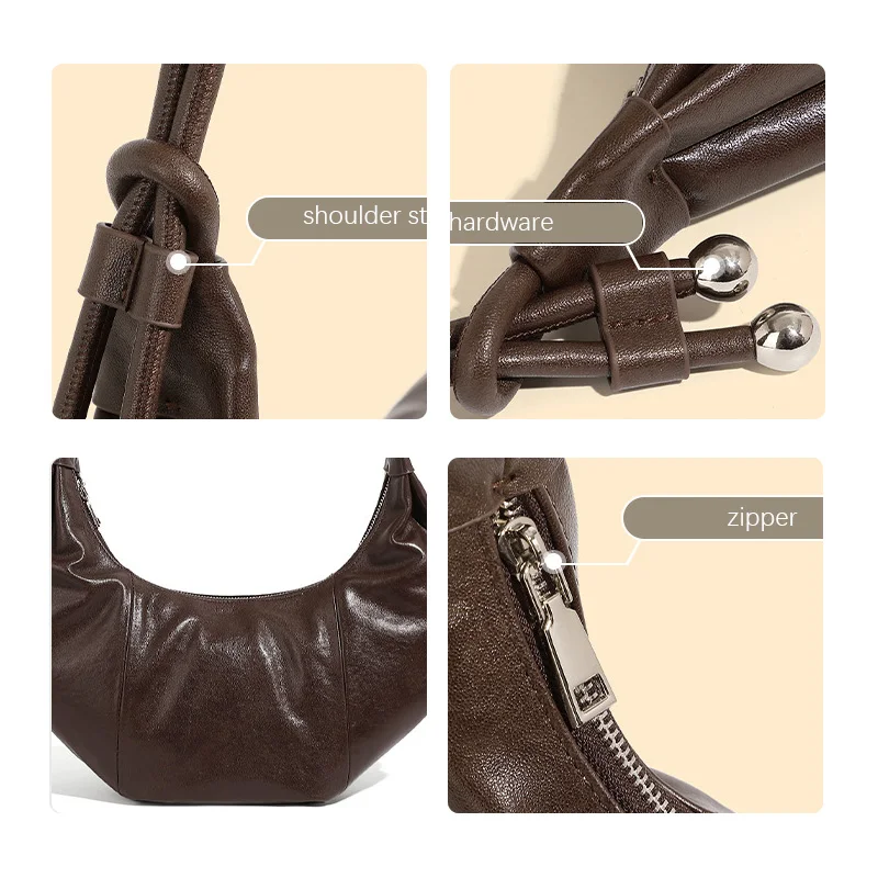 Aidrani Soft Cowhide Crescent Hobo Bag for Women - Compact Shoulder Handbag with Multi-Pockets, Casual Travel Daily Purse