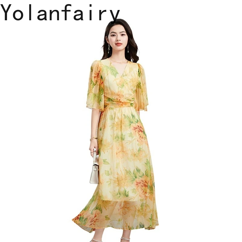 

YOLANFAIRY 100% натуральные шелковые платья из тутового шелкопряда для женщин, летние элегантные пляжные платья, модные длинные платья с V-образным вырезом для отпуска, Vestidos