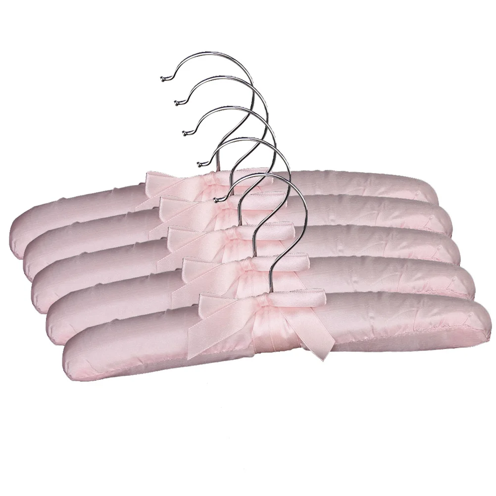 

5pcs Pink Satin Hangers Sponge Padded Clothes Racks For Delicate Sleeveless Garments Smooth Wrinkle Resistant Chrome