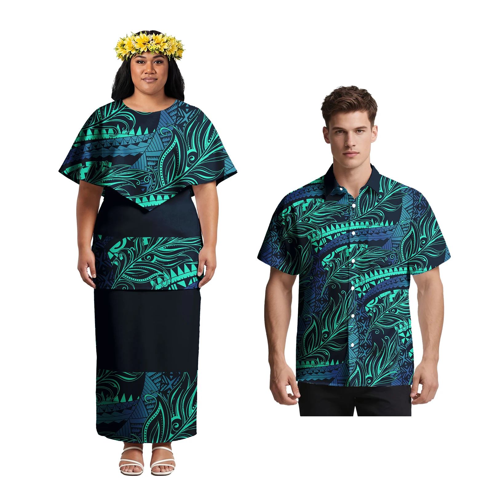 Camisas Polinesias con Bolsillos y Diseño de Volantes para Hombre, Traje Samoano Puletasi de 2 Piezas para Mujer, Estampado de Hojas de Monstera Hawaianas, Conjuntos a Juego para Parejas