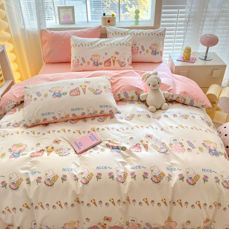 Cartoon Bunny Dessert Duvet Cover Cotton 3pcs Bedding Set Ice Cream Floral Quilt Cover Reversible Comforter Cover 2 Pillowcases