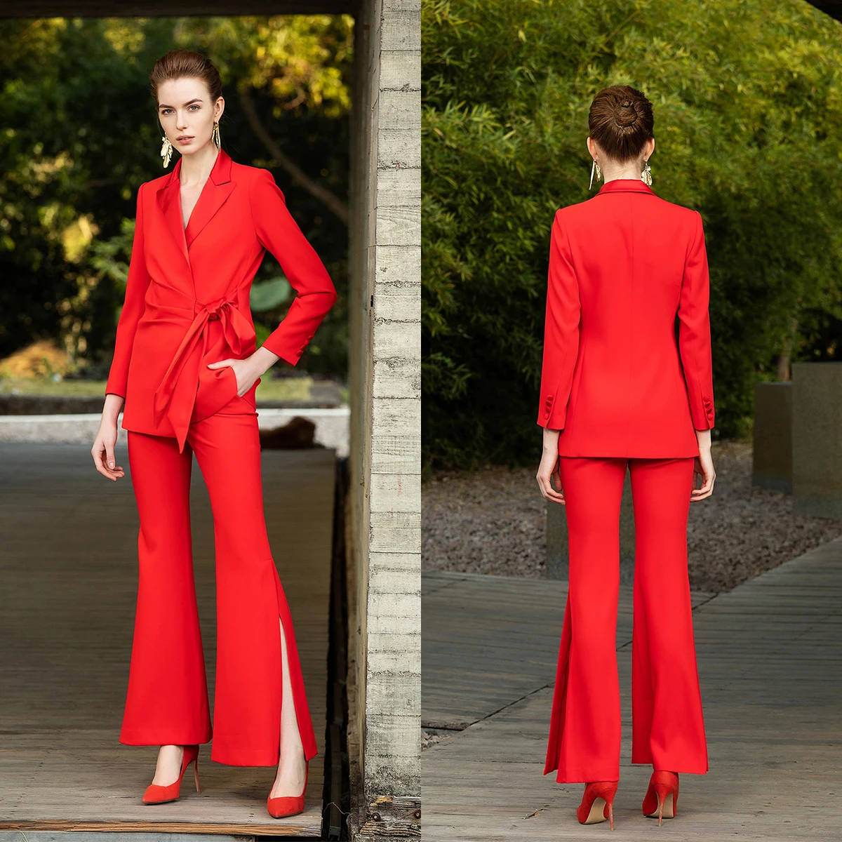 

Bright Red Tailored Women Pants Suits Spring Prom Party Wear Blazer For Wedding Loose Trousers 2 Pieces