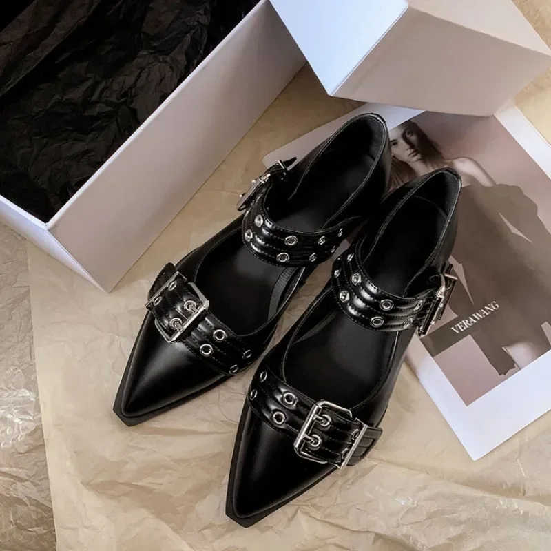 Double Buckle Fashion Flats Dance Shoes Women Black White Belt Buckle Pin Buckle Punk Mary Jane Middle-aged Women Flats