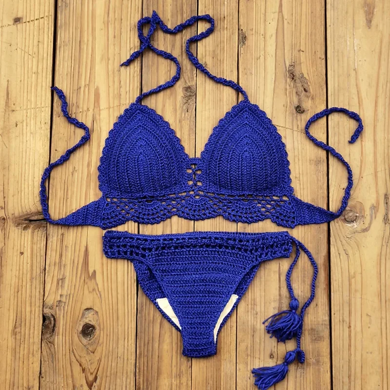

10 Color Hand Crochet Women Swimwear Sexy Crop Top Push up Bikini Set Beach Swimsuit Suit tassel Swim shorts