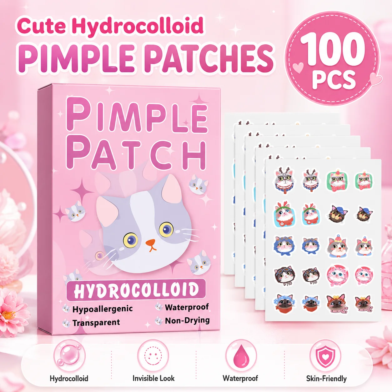 100pcs Cartoon acne patch, cute cat-shaped facial concealer acne patch, safe, non-toxic, gentle and non-irritating