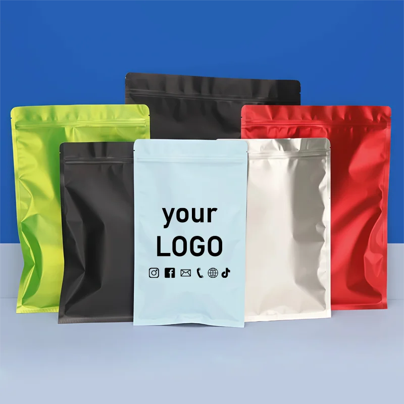 100 sacs auto-scellants en aluminium coloré, sacs mats pour emballage de bijoux et cadeaux, personnalisation du logo possible