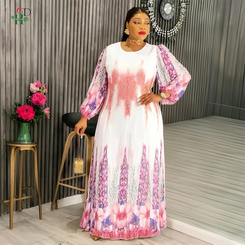 فستان ماكسي نسائي أفريقي مقاس كبير من H&D برقبة دائرية ومطبوع بالزهور وأكمام طويلة رداء شفاف للاحتفالات حفلات الزفاف في الكنيسة #3