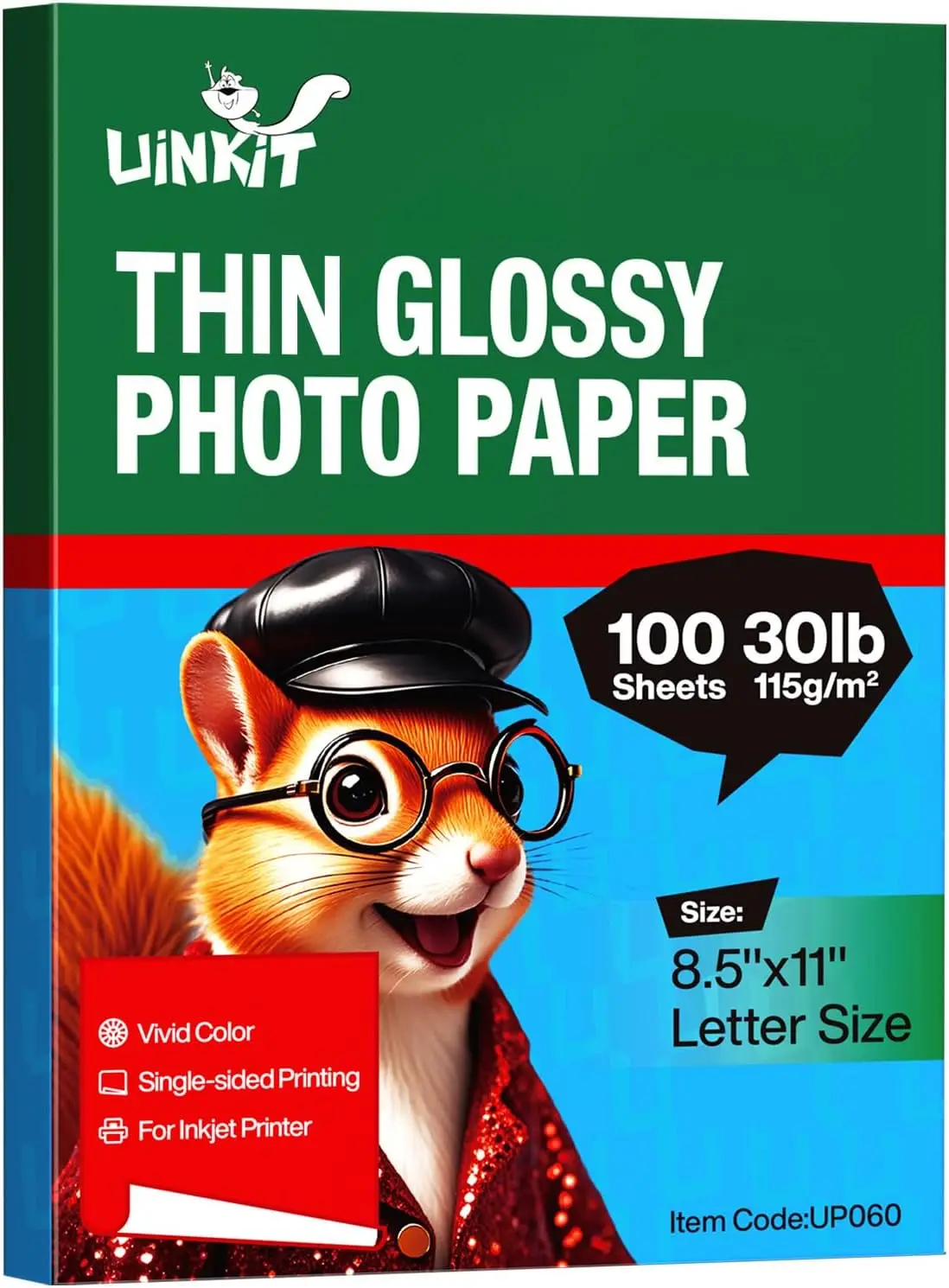 

Glossy Photo Paper 115gsm 8.5x11, 100 Sheets Thin Inkjet Paper for DIY Chip Bags Flyers Brochures, Single-Sided Glossy Finish