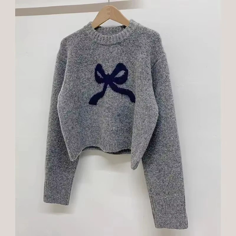 

Милые вязаные свитера с лентой для женщин и девочек-подростков, пуловеры с длинными рукавами и милым бантом, осень-зима, свободные винтажные женские джемперы