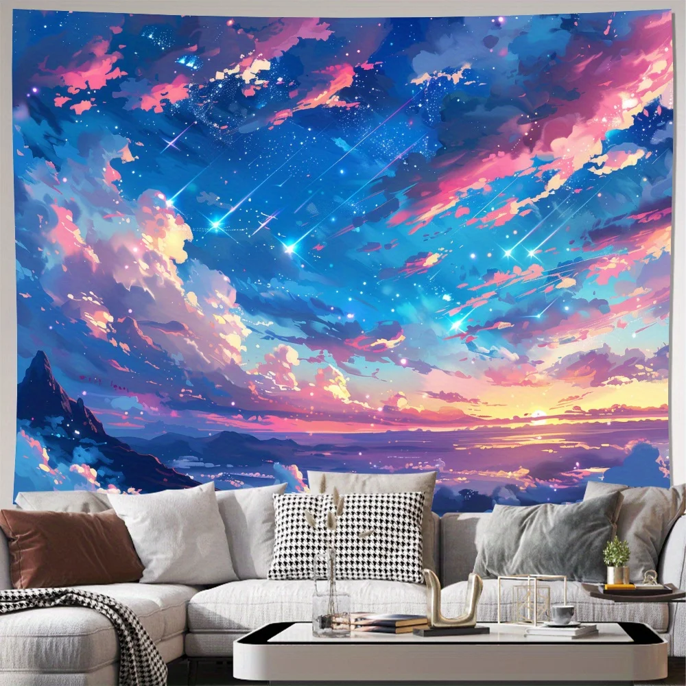 Anime-Style Cosmic Sky Tapestry 2D Digital Print Polyester Wall Hanging Living Room Bedroom Office Decor with Hooks